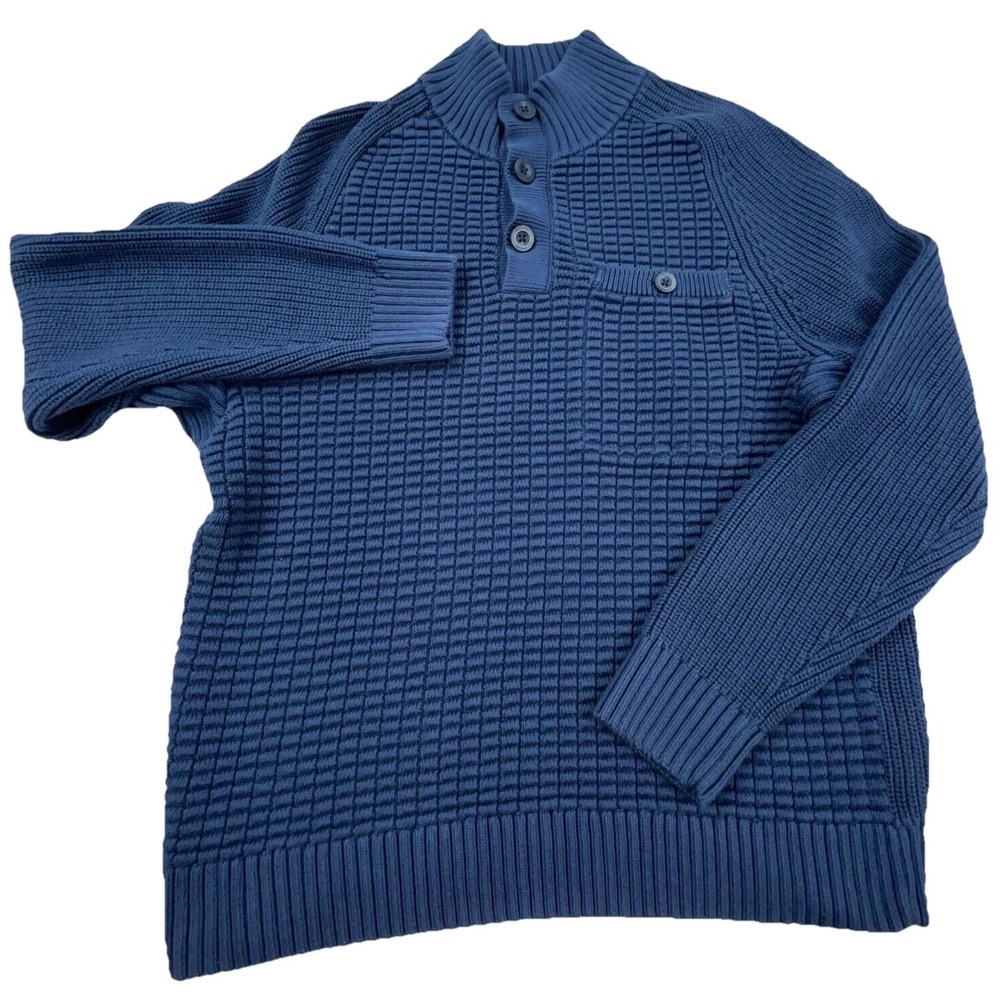 Duluth Sweater Men Medium Blue Heavy Knit Henley Sweatshirt Pocket Navy Waffle